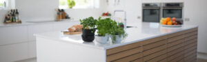 A very clean white kitchen with an herb garden.