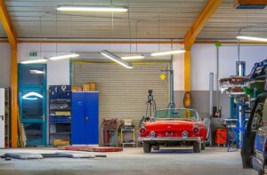 A car in an auto shop.