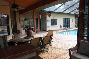 A covered patio and pool area.