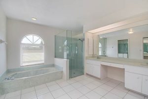 A stunning bathroom in white and pale blue.