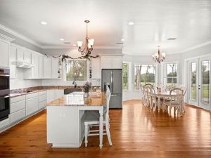 A stunning kitchen and dining area.