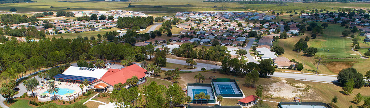 An aerial view of the clubhouse at On Top of the World