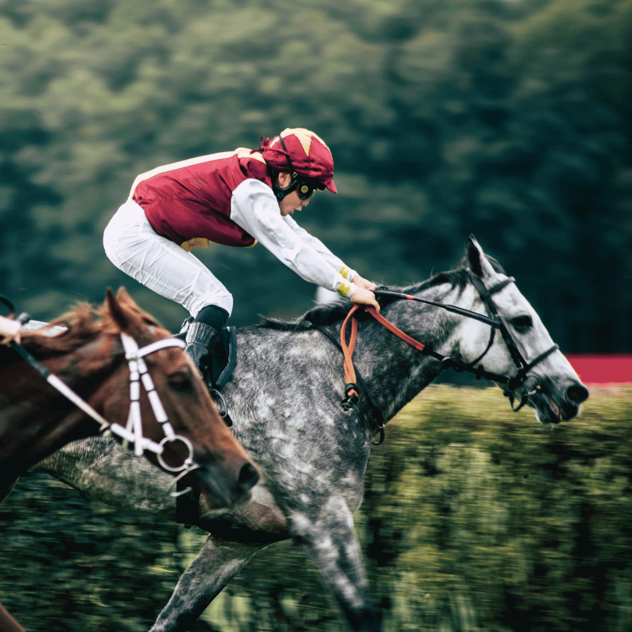 A jockey and horse racing on a track.