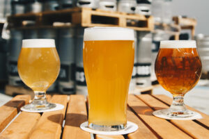 An assortment of beer in glasses.