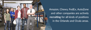 Amazon, Chewy, FedEx, AutoZone and other companies are actively recruiting for all kinds of positions in the Orlando and Ocala areas. - Diverse group of people in a warehouse