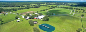 An aerial view of a large horse farm.