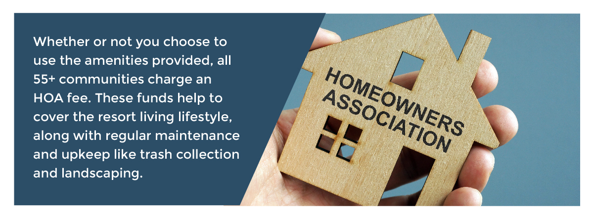 Whether or not you choose to use the amenities provided, all 55+ communities charge an HOA fee. These funds help to cover the resort living lifestyle, along with regular maintenance and upkeep like trash collection and landscape - image of a wooden house that says Homeowners Association