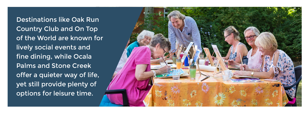 Destinations like Oak Run Country Club and On Top of the World are known for lively social events, while Ocala Palms and Stone Creek offer a quieter way of life, yet still provide plenty of options for leisure time - senior citizens at and outdoor painting class