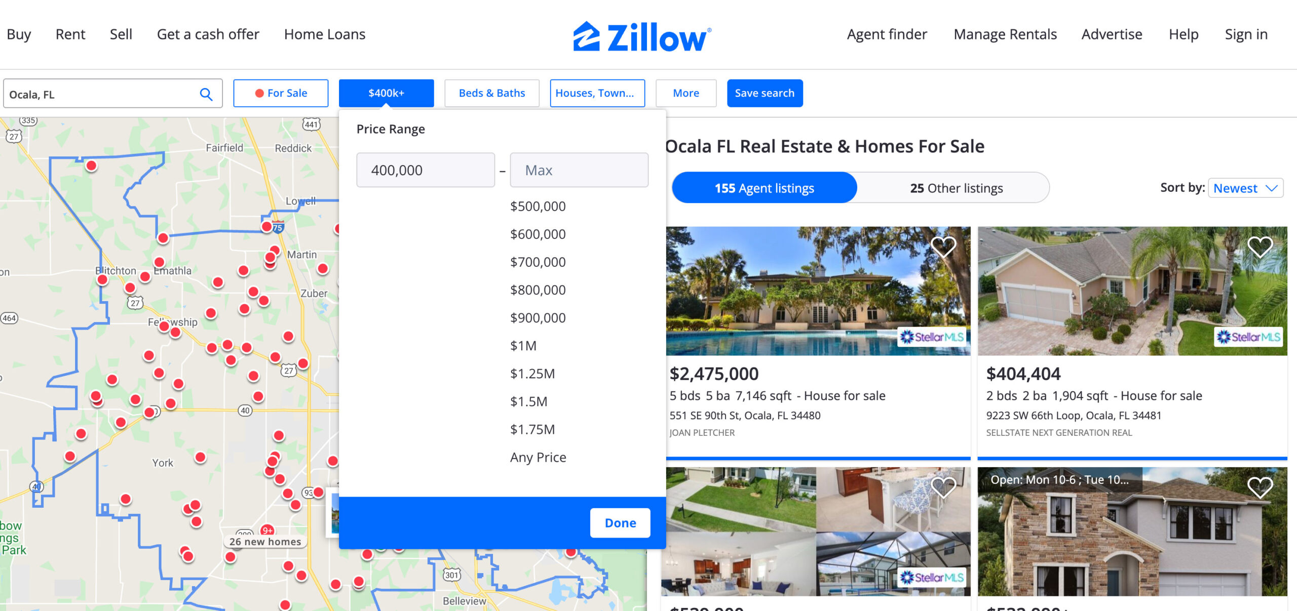 An example of a Zillow search showing that the search benchmarks are rounded even numbers. 