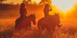 Two ladies on horses trailriding at sunset.