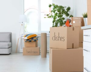 Packed and labeled moving boxes