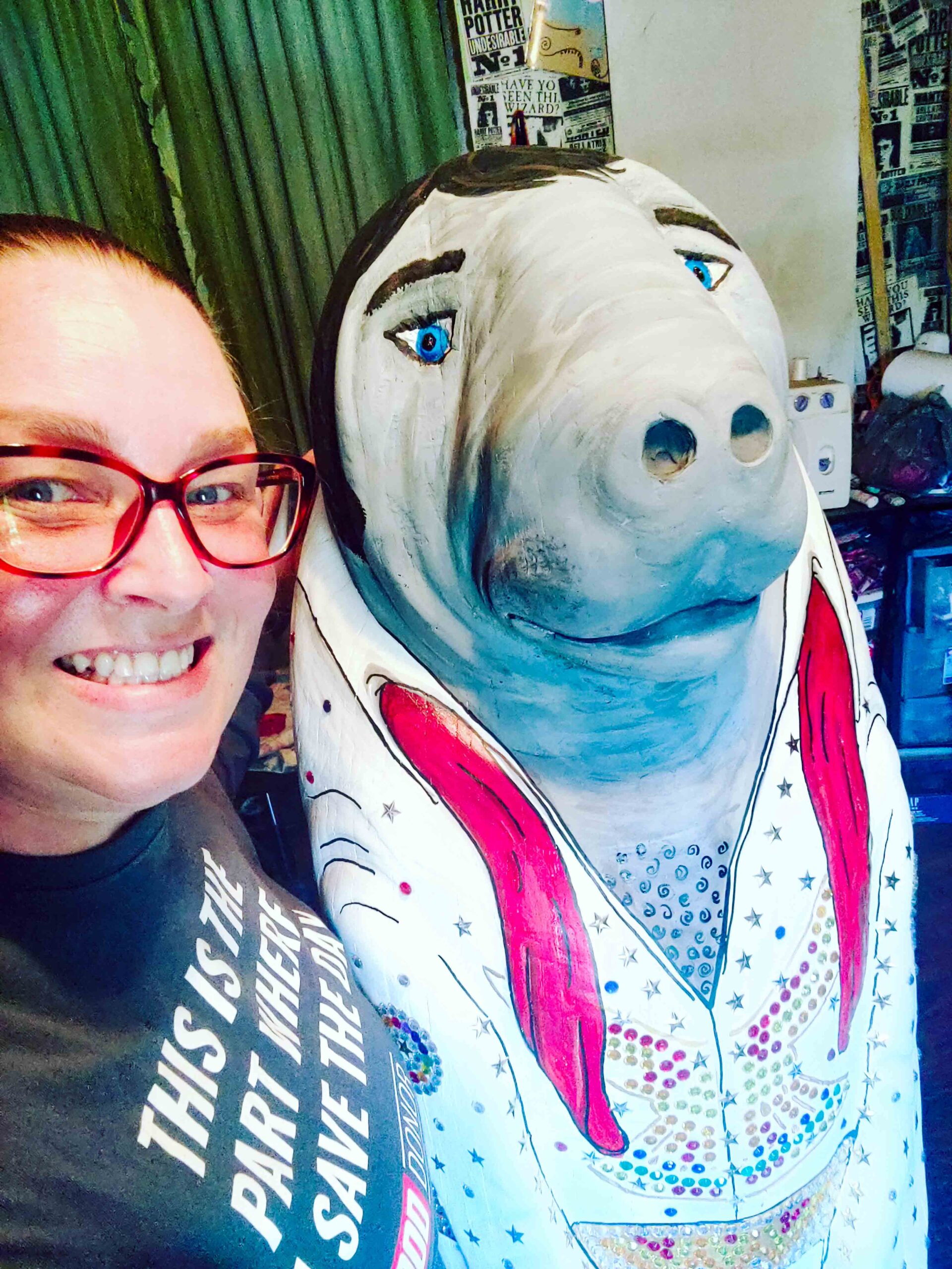 Elvis before his final coat Elvis the manatee after painting.