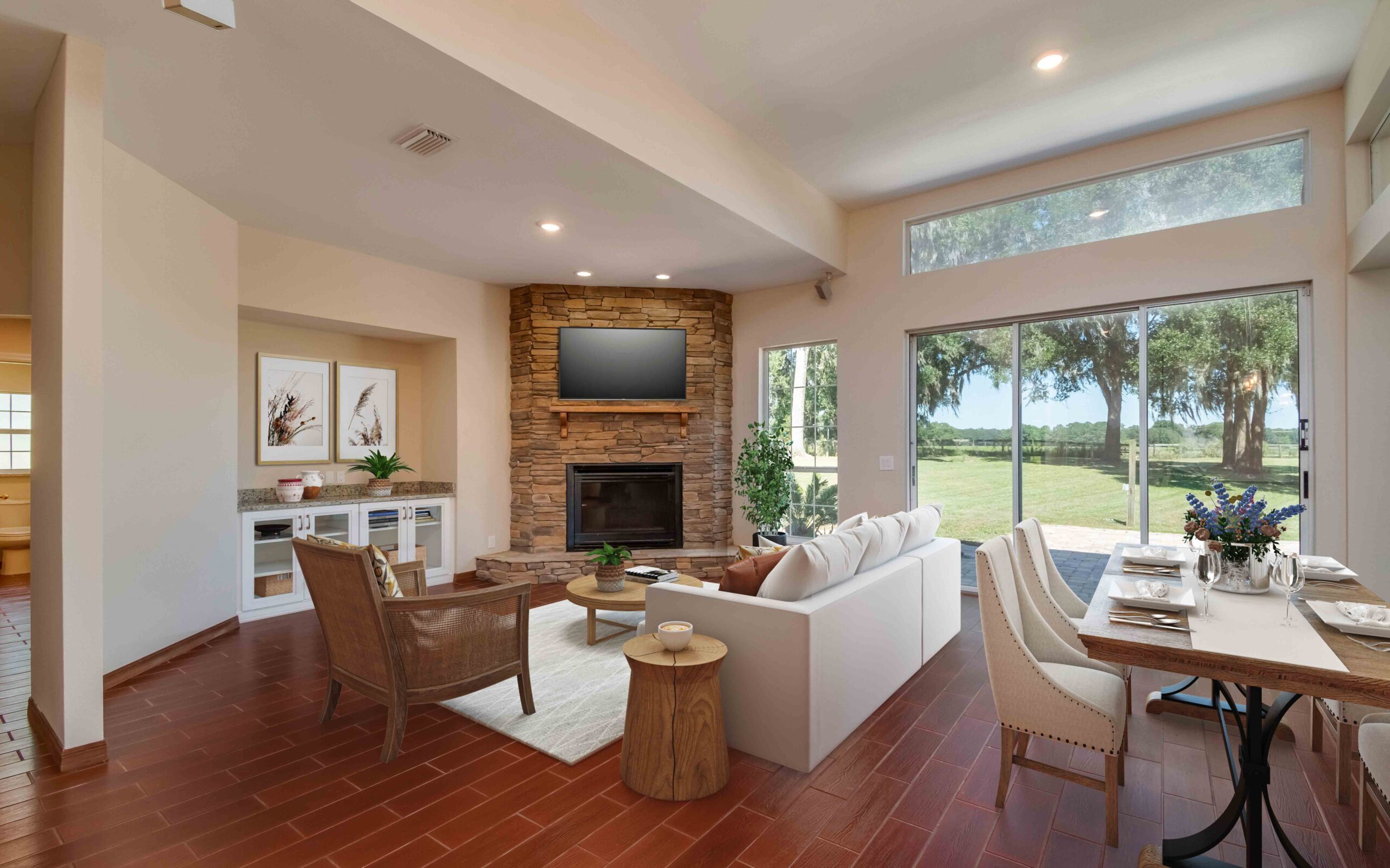 A virtually staged image of the floor-to-ceiling fireplace.