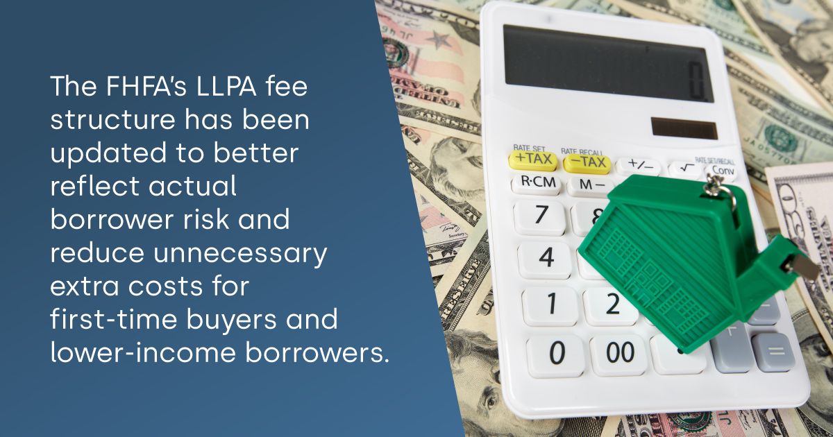 The FHFA's LLPA fee structure has been updated to better reflect the actual borrower risk and reduce unnecessary extra costs for first-time buyers and lower-income borrowers - Image of a calculator and miniature house piled on top of cash