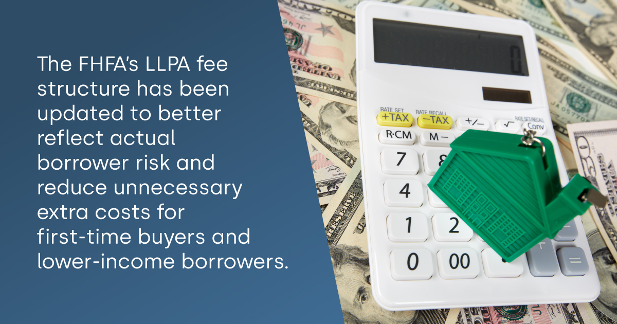 FHFA The FHFA's LLPA fee structure has been updated to better reflect the actual borrower risk and reduce unnecessary extra costs for first-time buyers and lower-income borrowers - Image of a calculator and miniature house piled on top of cash