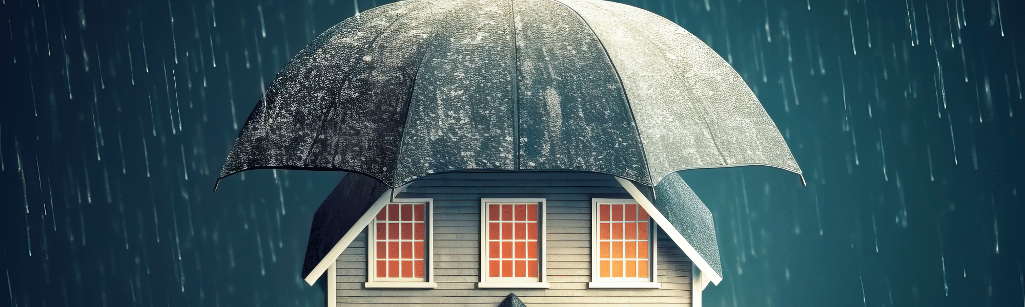 close up of a house with an umbrella protecting it from rain