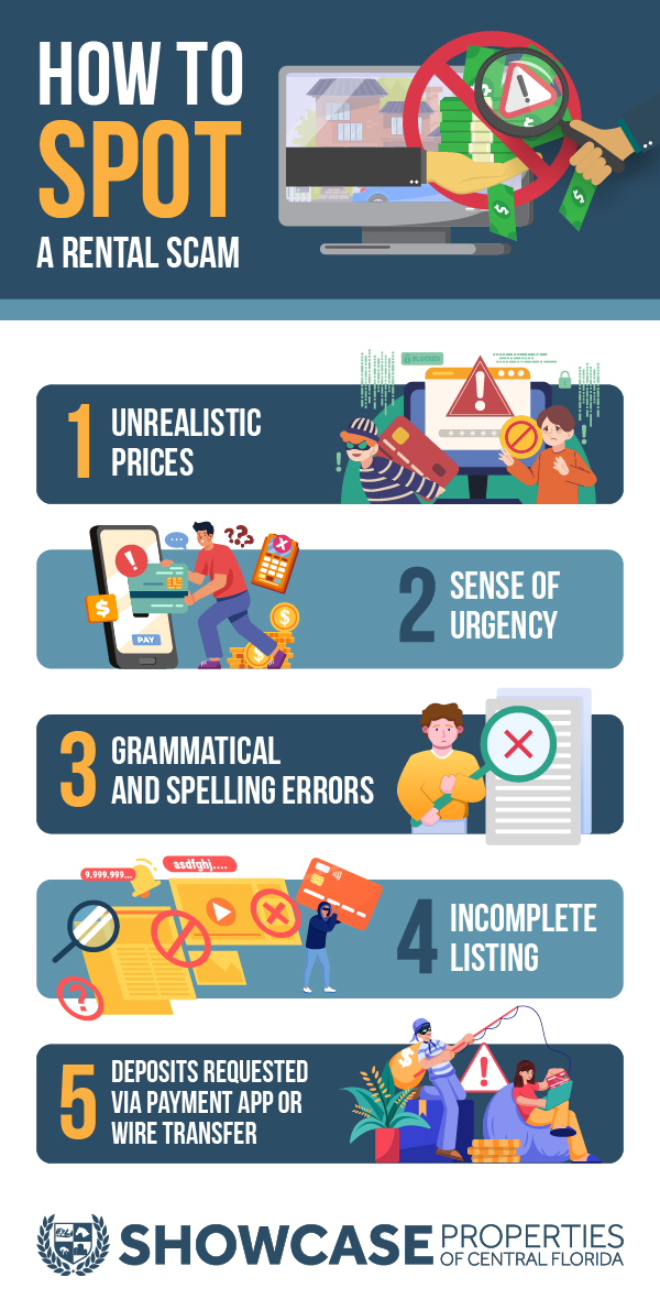 How To Spot A Rental Scam:<br />
1. Unrealistic Prices<br />
2. Sense of Urgency<br />
3. Grammatical and Spelling Errors<br />
4. Incomplete Listing<br />
5. Deposits Requested via Payment App or Wire Transfer