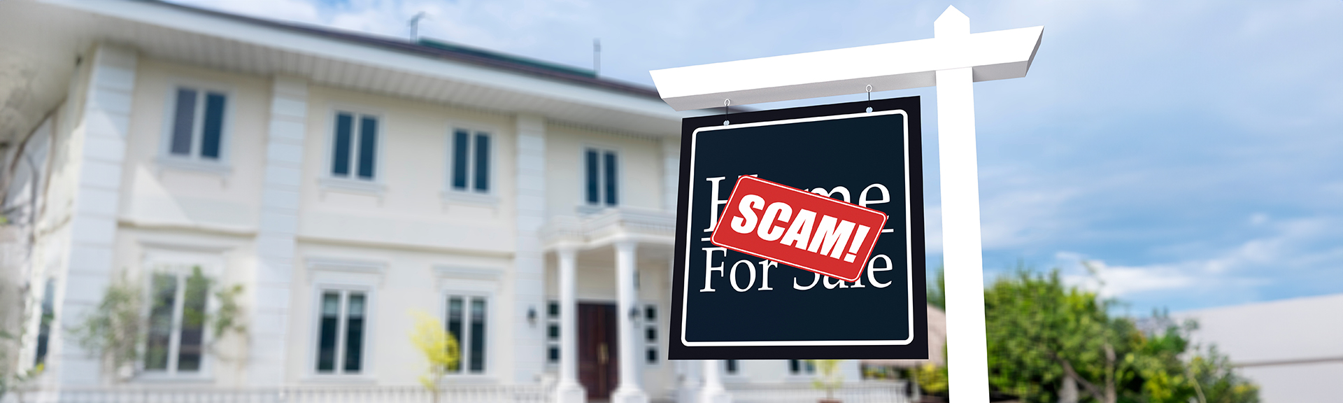 Rental-scams-Header house for rent with a sticker that says "scam" over the rental sign