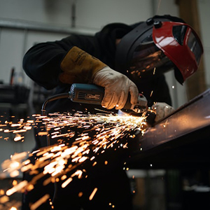 A man using a tool on metal and sparks are flying out.
