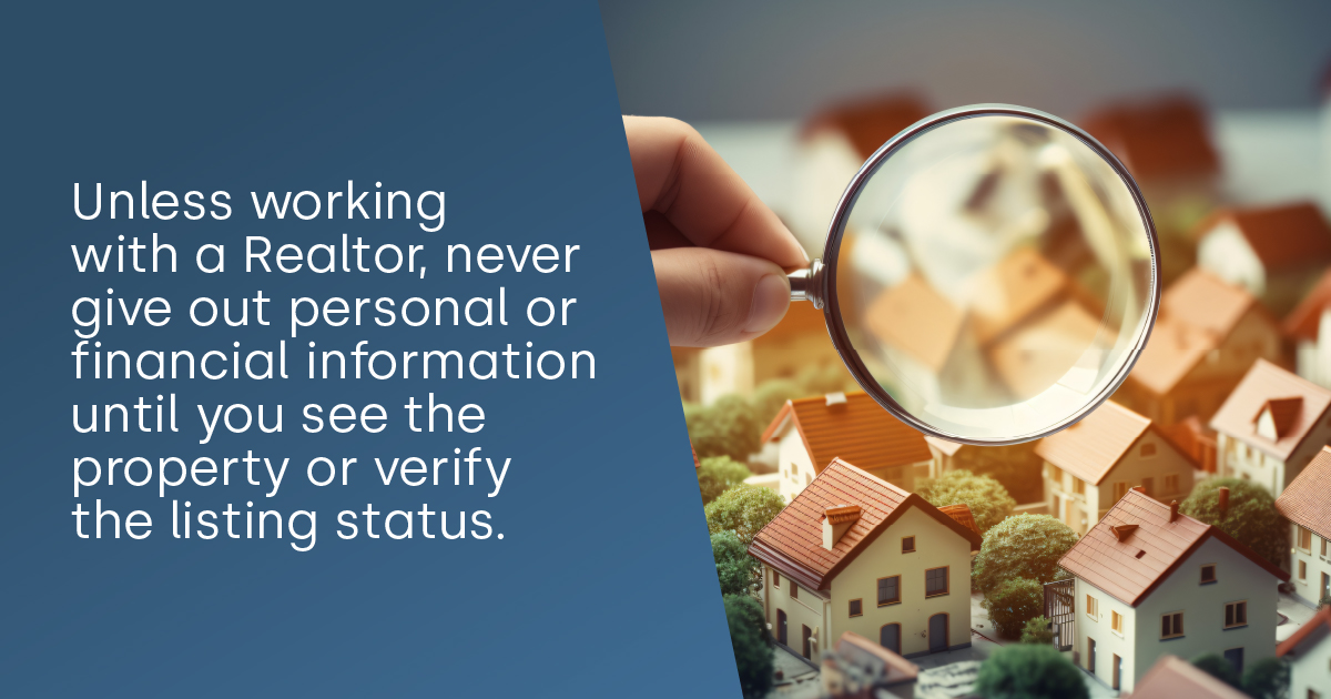 Unless working with a Realtor, never give out personal or financial information until you see the property or verify the listing status - close up of a person holding a magnifying glass over tiny houses