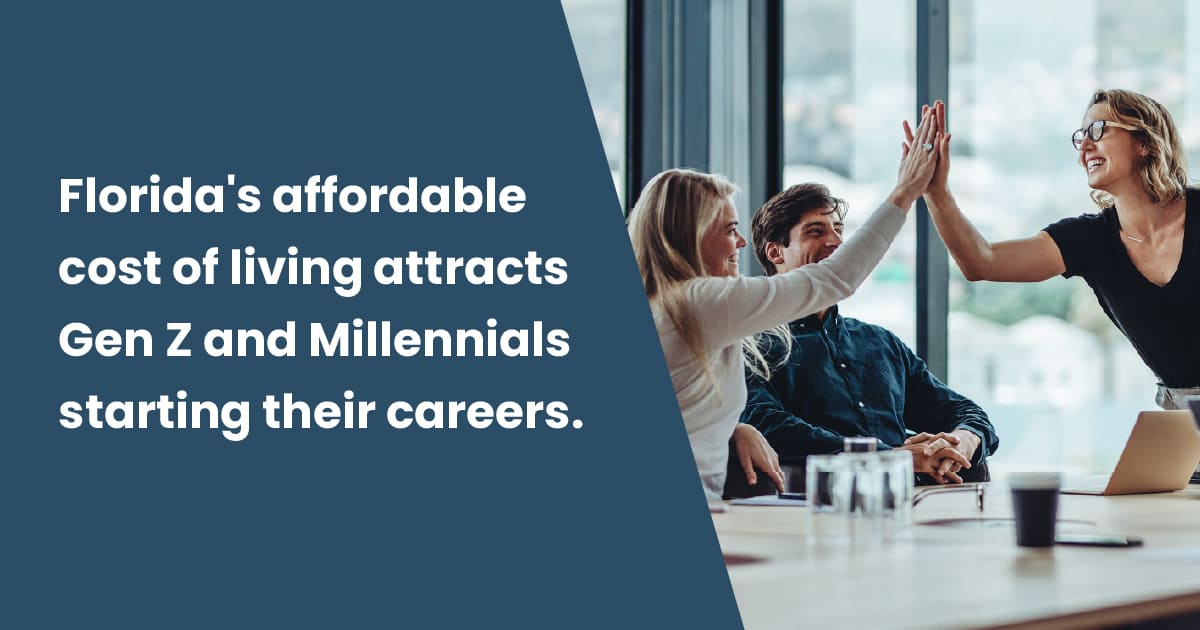 Florida's affordable cost of living attracts Gen Z and Millennials starting their careers - Co workers doing a High-Five