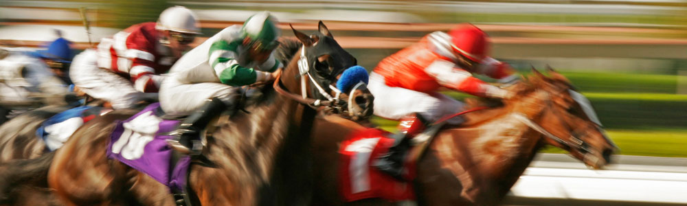 Jockeys on racehorses racing against a blurred background.