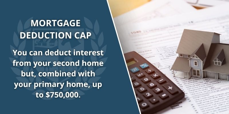 Mortgage Deduction Cap : You can deduct interest from your second home but, combined with your primary home, up to $750,000.