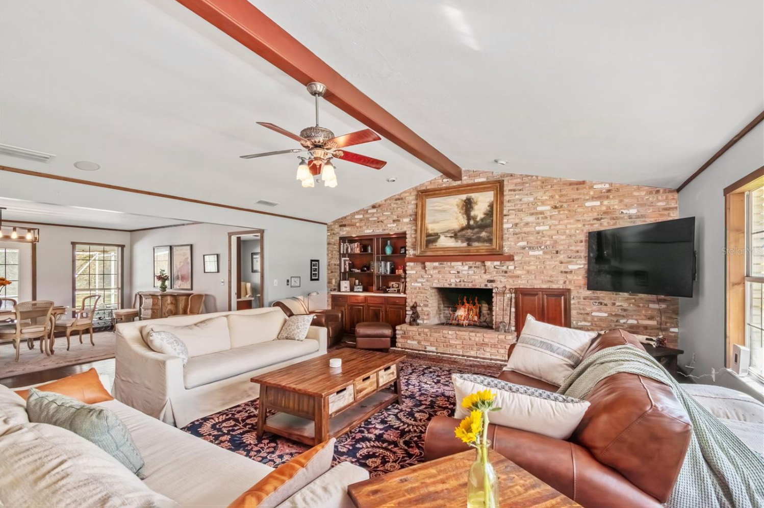 The fireplace at River Mist Farm